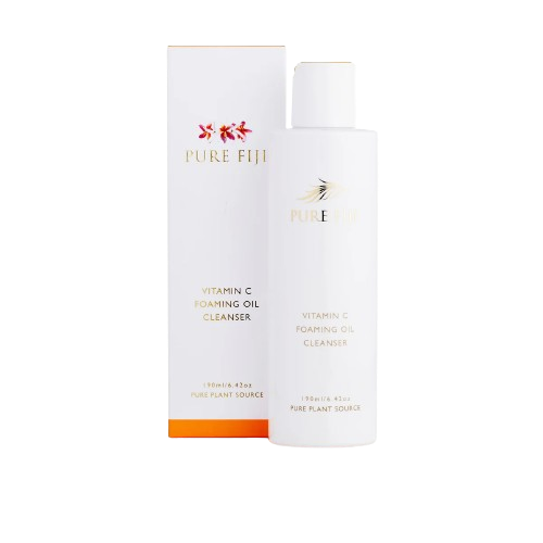 A product image of Pure Fiji Vitamin C Foaming Oil Cleanser. The white bottle and its corresponding rectangular box are displayed side-by-side.