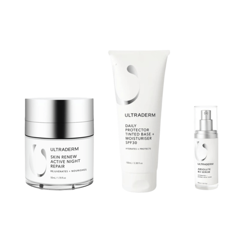 Three Ultratherm skincare products, arranged side-by-side on a light grey background.